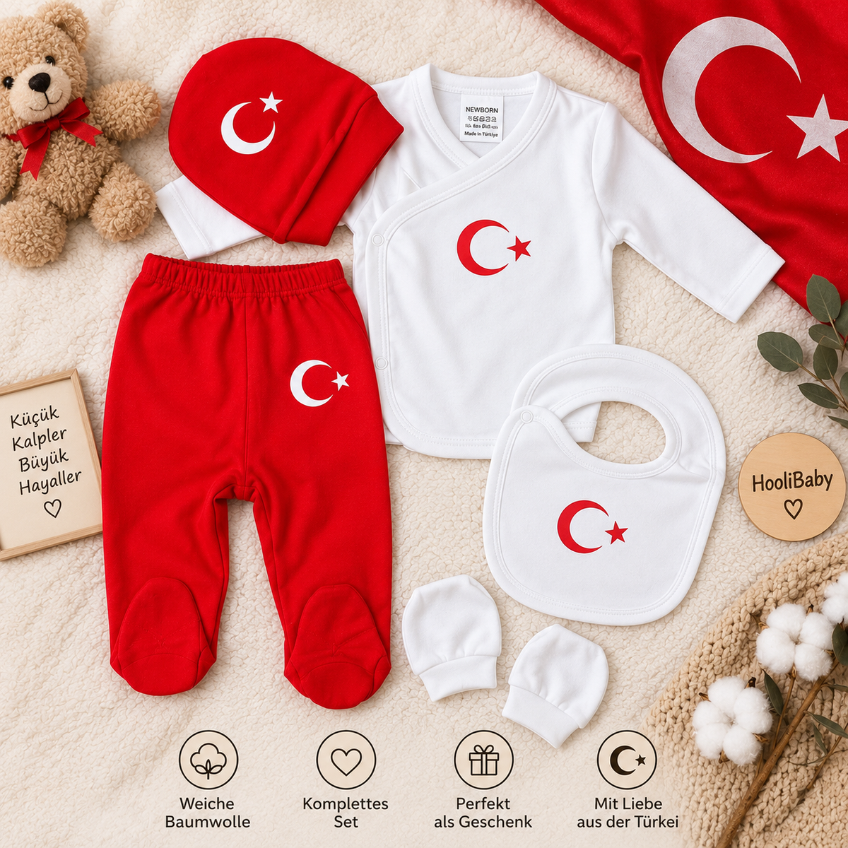 Fünfteiliges Türkei-Neugeborenen-Set mit weißem Oberteil, roter Hose, Mütze, Lätzchen und Fäustlingen