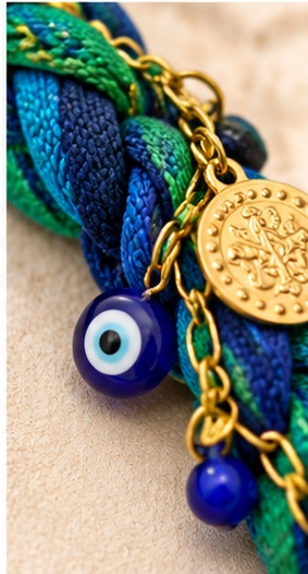 Karadeniz Kopfschmuck mit Münzen – Blau-Grün, rund – Detailansicht