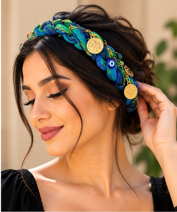 Karadeniz Kopfschmuck mit Münzen – Blau-Grün, rund – getragenes Beispiel