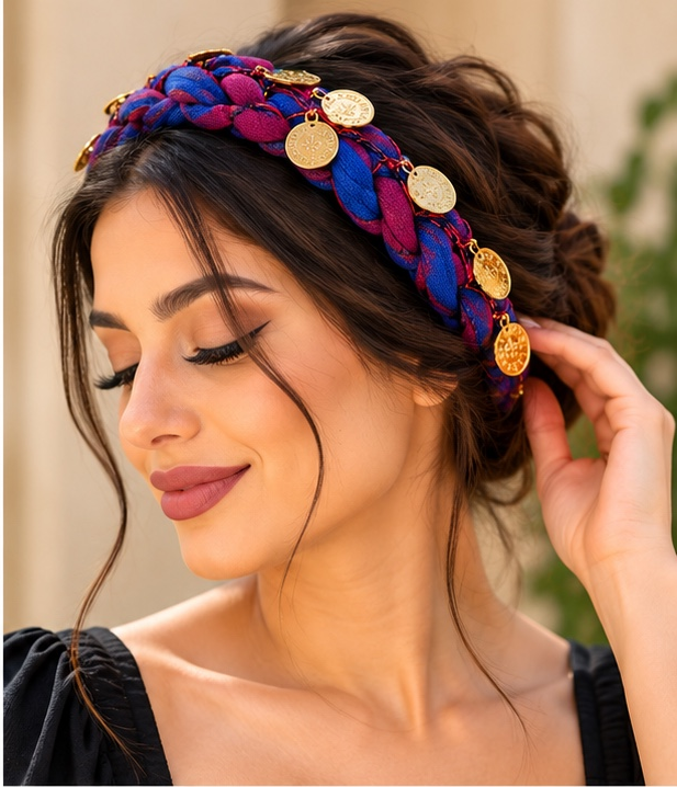 Karadeniz Kopfschmuck mit Münzen – Blau-Rot, rund – getragenes Beispiel