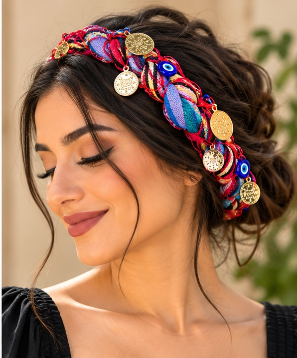 Karadeniz Kopfschmuck mit Münzen – Bunt, rund – getragenes Beispiel