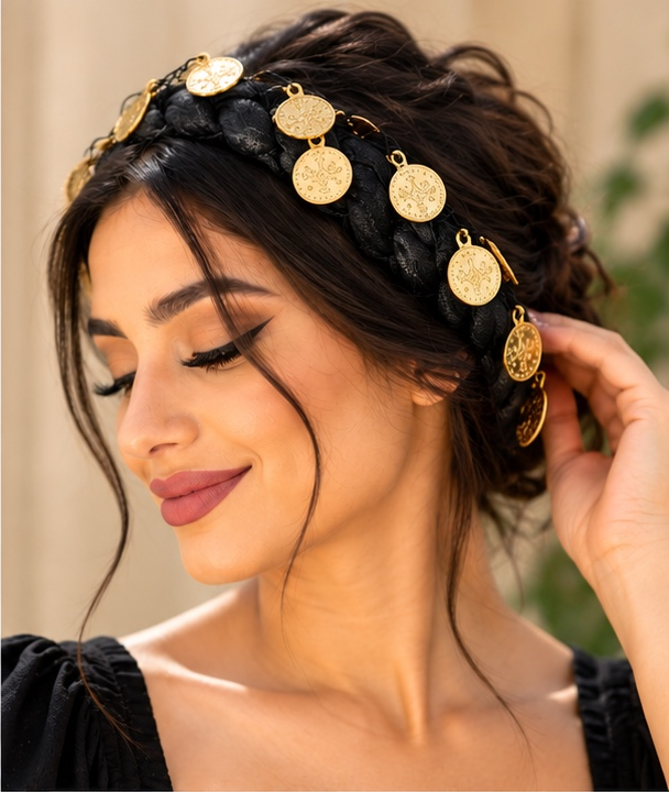 Karadeniz Kopfschmuck mit Münzen – Schwarz, rund – getragenes Beispiel