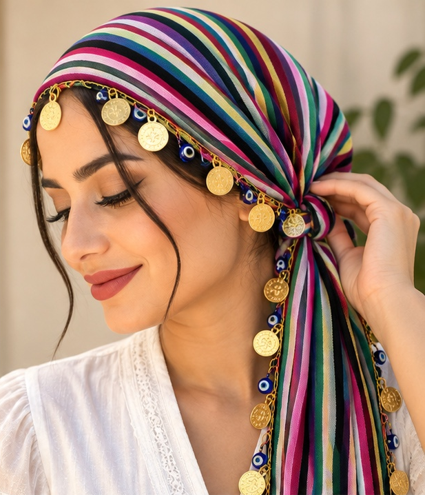 Karadeniz Tuch mit Münzen – Multicolor – getragenes Beispiel