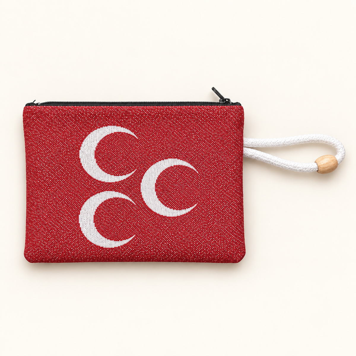 Drei Halbmonde Tasche – Rot mit Reißverschluss und Handgelenkschlaufe