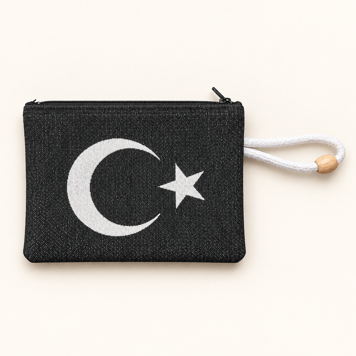 Halbmond & Stern Tasche – Schwarz mit Reißverschluss und Handgelenkschlaufe