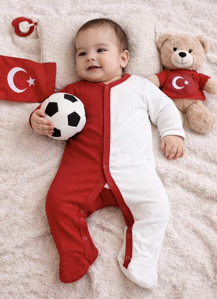 Baby im rot-weißen Strampler mit Fußball und türkischen Fähnchen